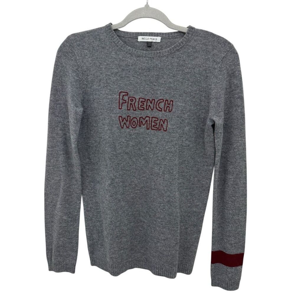 Bella Freud 100% Cashmere French Women Text Sweater Size XS Gray Funky